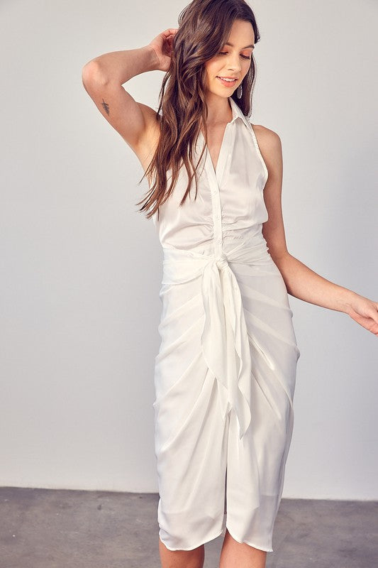Sleeveless Collared Front Tie Dress | White