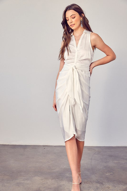 Sleeveless Collared Front Tie Dress | White